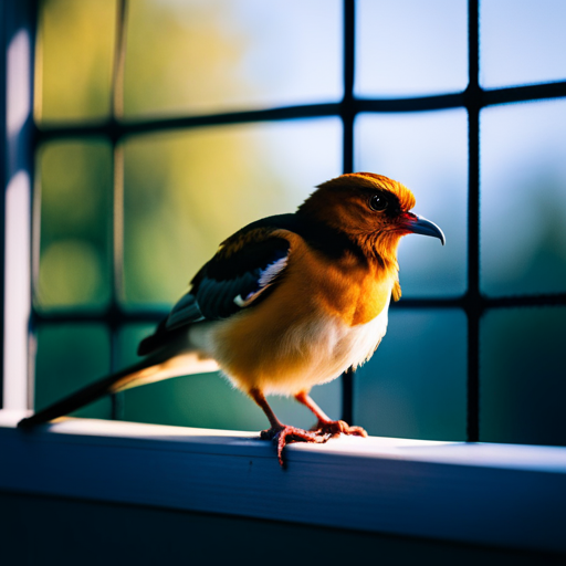 An image capturing a determined bird perched on a window sill, while a mesh screen seamlessly covers the open window