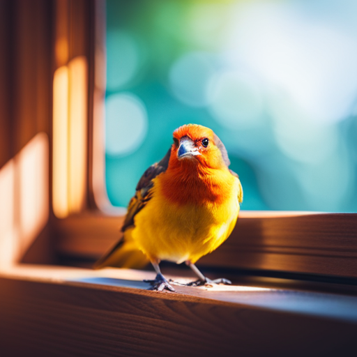 An image that portrays a determined bird, perched on a windowsill, peering inside with curiosity and longing, its vibrant feathers reflecting the sunlight, as it seeks to understand the cozy shelter within