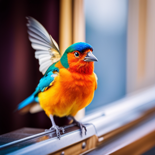 An image showcasing a frantic bird perched on a windowsill, flapping its wings against the glass pane