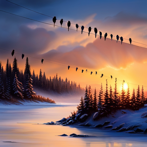 An image depicting a flock of birds perched on a power line, with one bird in the center showing signs of illness, feathers ruffled and drooping, while the others maintain a healthy appearance