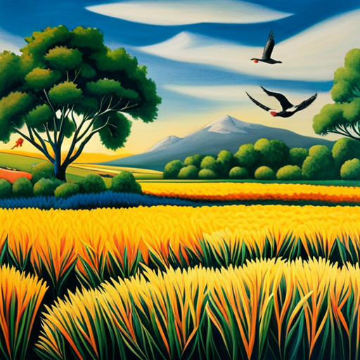 An image showcasing a vibrant farmland landscape with a variety of birds swooping and perching near crops