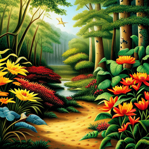 An image showcasing a lush, sun-dappled forest floor teeming with diverse plant life, as a colorful array of birds flit among the trees, dispersing seeds and aiding in the regeneration of the ecosystem