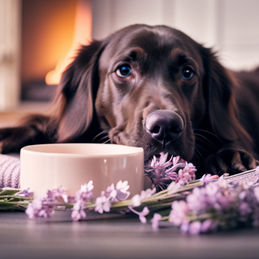 An image showcasing a serene scene of a dog peacefully lying down, surrounded by calming aids like a lavender-scented collar, a cozy blanket, and a bowl of soothing herbal supplements