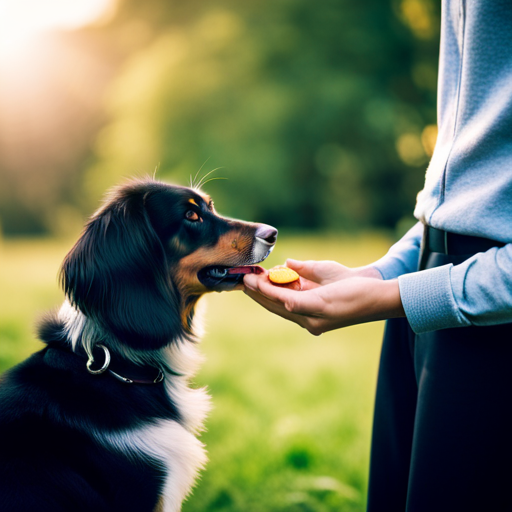 An image of a person gently rewarding their dog with a treat for displaying calm behavior, using a clicker training technique