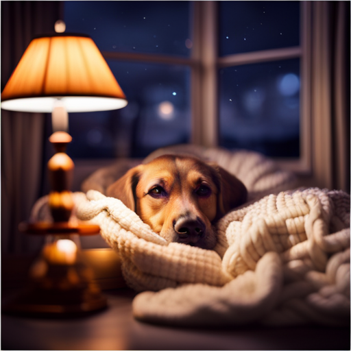 An image depicting a cozy corner of a room, adorned with a plush dog bed, soft blankets, and a dimly lit lamp casting a warm glow, providing a serene and secure retreat for your furry friend