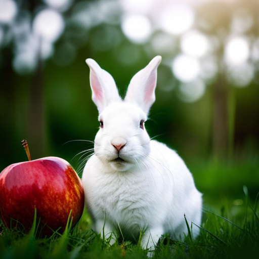 An image of a cute, white rabbit with perky ears and shiny fur, delicately nibbling on a juicy red apple slice