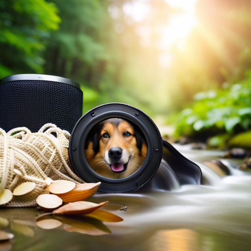 An image depicting a peaceful scene of a dog curled up on a cozy blanket, surrounded by nature-inspired elements such as a bubbling brook, gentle raindrops, and soft melodies floating from a portable speaker