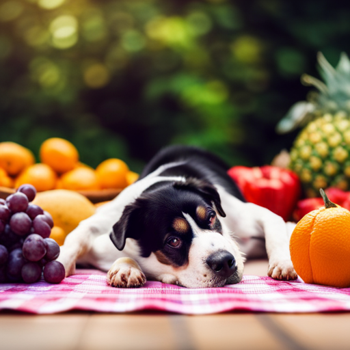 An image showcasing a serene scene of a contented canine surrounded by a nourishing banquet of stress-reducing superfoods