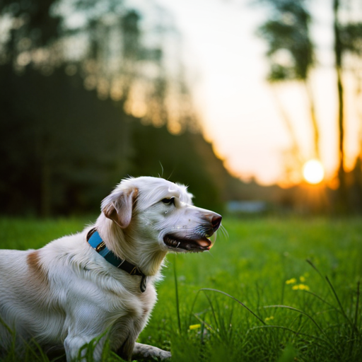 An image showcasing a serene, verdant landscape with a contented, relaxed dog