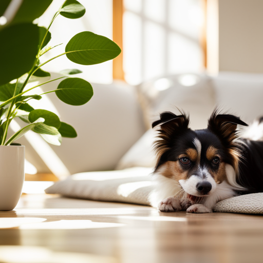 An image featuring a serene, sunlit room with a contented dog lying on a plush bed