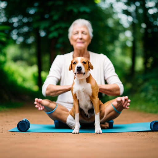 An image capturing a serene moment during a canine yoga session, showcasing a relaxed dog effortlessly performing a yoga pose, while its owner gently guides its paws, conveying the potential of canine yoga for behavior modification