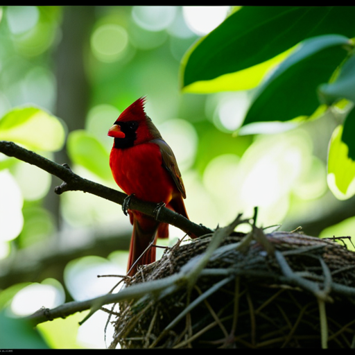 An image capturing the vibrant red male and subtle brown female cardinals amidst a lush green forest, delicately constructing their nest with twigs and leaves, symbolizing the enchanting breeding season from March to September
