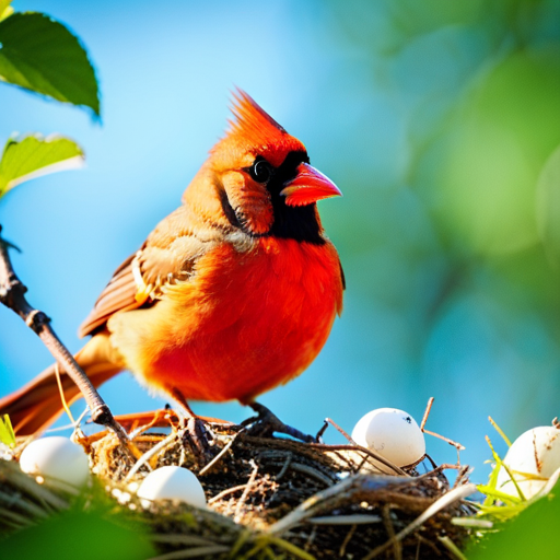 An image showcasing a vibrant female cardinal perched on a delicate nest, filled with multiple clutches of vibrant eggs
