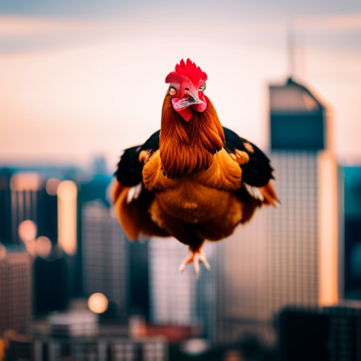 An image showcasing chickens confined within enclosures, their wings clipped, surrounded by towering skyscrapers and highways