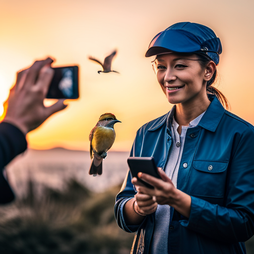 An image showcasing a user seamlessly interacting with a bird identification app, while an expert ornithologist provides guidance through a live chat feature