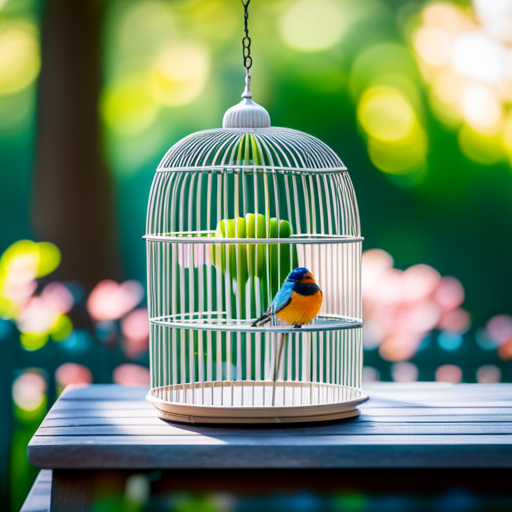 An image showcasing a bird cage with a cozy, natural fiber bedding