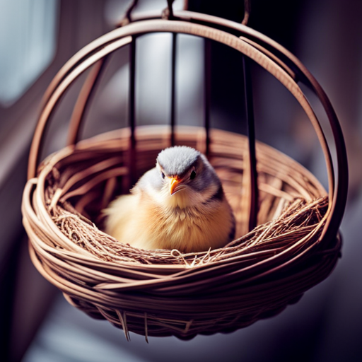 An image showcasing a small bird's cozy nest in a birdcage, adorned with soft, fluffy bedding materials like natural grass, feathers, and soft twigs