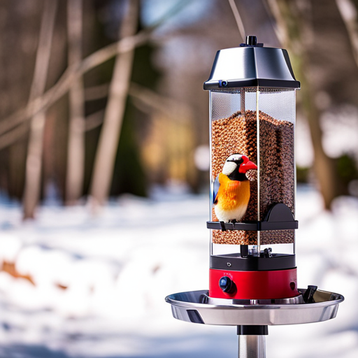 An image of a sleek, weatherproof bird feeder with a built-in high-definition camera, capturing crisp close-ups of colorful birds