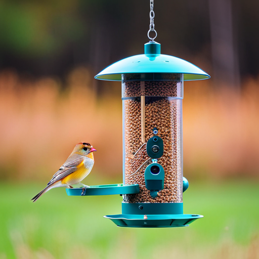 An image showcasing two bird feeders side by side, one a traditional feeder and the other a smart feeder with a built-in camera