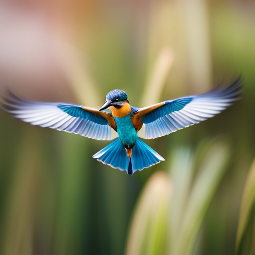 An image showcasing a professional photographer capturing a vibrant kingfisher in flight, using a high-resolution full-frame camera paired with a telephoto lens, perfectly freezing the moment with stunning clarity and detail