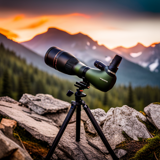 An image showcasing the Emarth Waterproof Angled Spotting Scope against a stunning backdrop of a rugged mountain range