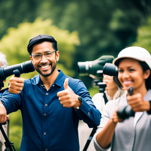 An image showcasing a diverse group of individuals giving thumbs up, surrounded by various spotting scopes