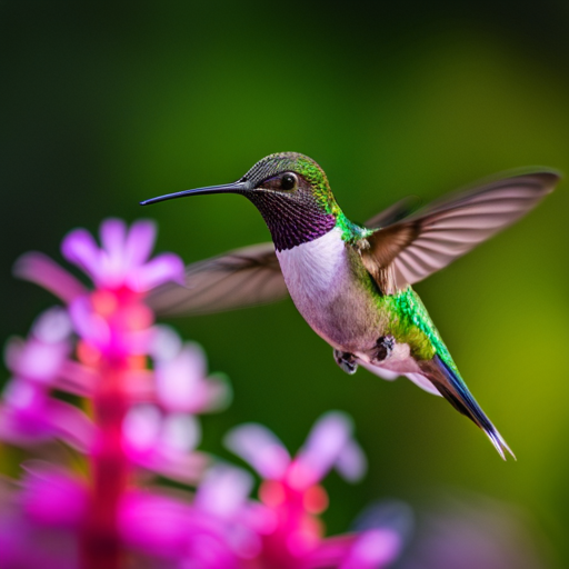 An image capturing the exquisite Black-Chinned Hummingbird in its natural habitat, showcasing its vibrant iridescent plumage, delicate long beak, and territorial nature as it defends its nectar-rich feeding grounds