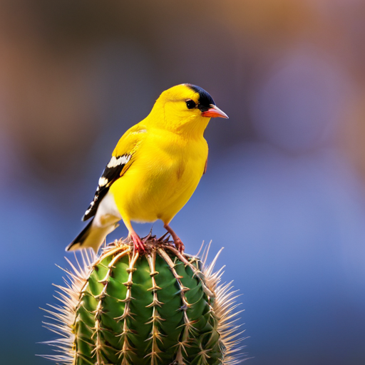 An image capturing the vibrant beauty of an American Goldfinch in its natural habitat amidst the arid Arizona landscape