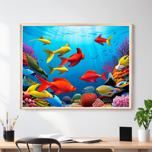 An image depicting a vibrant coral reef teeming with life as colorful parrotfish gracefully swim amidst an array of brilliantly hued coral formations