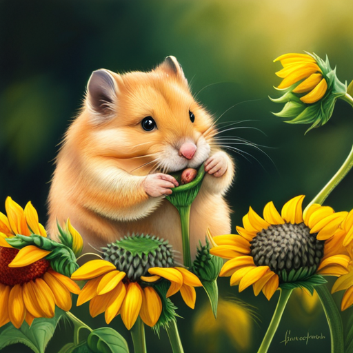 An adorable image capturing a fluffy, golden hamster with rosy cheeks, small round ears, and twinkling black eyes, playfully nibbling on a sunflower seed while delicately holding it with its tiny paws