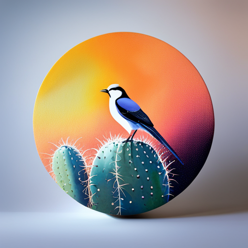 An image showcasing a resilient desert bird, perched on a cactus with its feathers fluffed against the scorching sun
