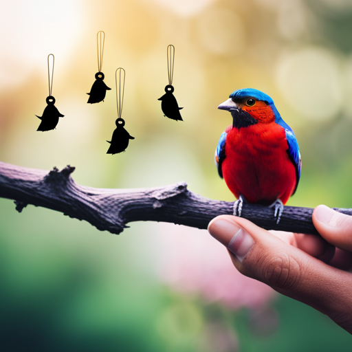 An image showcasing a diverse array of colorful birds perched on tree branches, as a hand reaches out to delicately write a name on a blank name tag, capturing the essence of choosing the perfect bird name