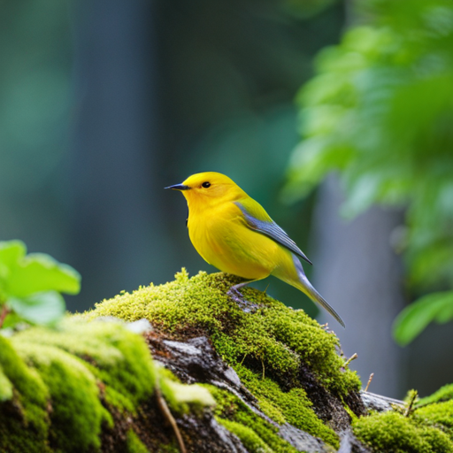 An image showcasing a Prothonotary Warbler, perched on a moss-covered branch amidst a lush, sun-dappled forest