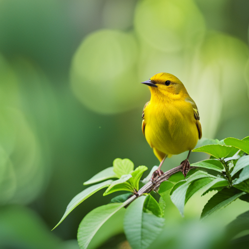 An image capturing the enchanting presence of a cheerful Yellow Warbler amidst lush green foliage, showcasing its vibrant lemon-yellow plumage, delicate black streaks, and the sparkle in its beady black eyes