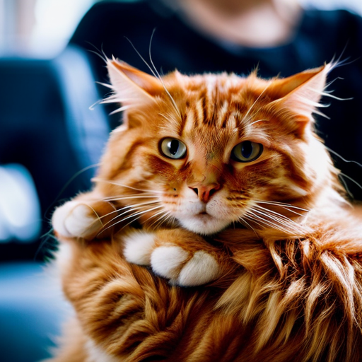 An image showcasing a fluffy, ginger cat with its front paws wrapped tightly around its owner's neck