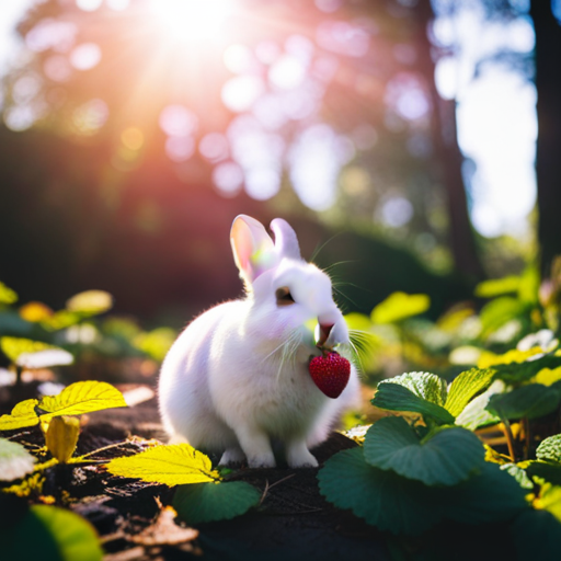 An image capturing a cute rabbit perched near a luscious strawberry patch, delicately plucking a juicy red berry with its dainty paws