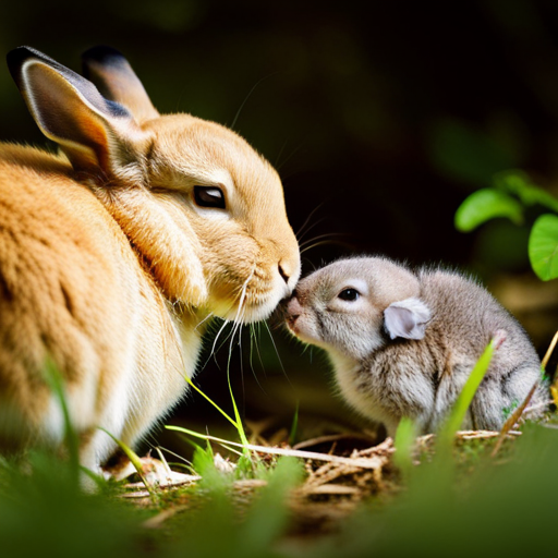 An image showcasing a tender moment between a mother rabbit and her newborn kits, nestled in a cozy burrow