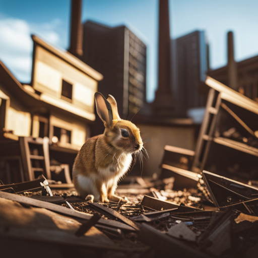 An image of a distressed rabbit mother surrounded by a chaotic, cluttered environment
