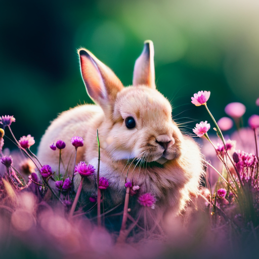 An image capturing a nest of newborn rabbits tucked beneath a dense thicket of wildflowers, their delicate forms adorned with velvety fur, while a watchful mother nibbles on tender clover nearby