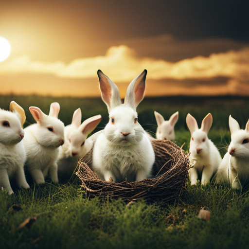 An image depicting a distressed mother rabbit with empty nest syndrome, surrounded by scattered, lifeless baby rabbits