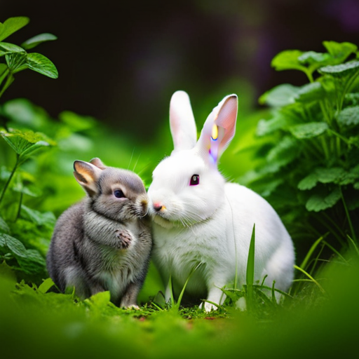 An image showcasing a mother rabbit gently grooming her newborn bunnies, surrounded by a protective barrier made of soft, leafy greens, emphasizing the importance of preventing cannibalism in rabbits