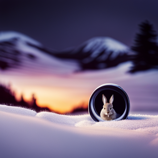 An image depicting a serene winter landscape with a burrow tucked under a snow-laden tree, revealing a hidden rabbit curled up in deep slumber, showcasing the natural hibernation pattern of rabbits