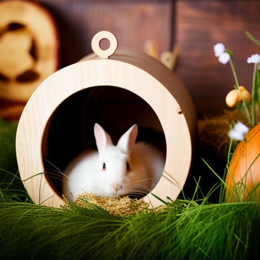 An image showcasing a cozy indoor bunny burrow, complete with a soft bedding of hay, a warm hideaway, and a selection of fresh veggies, illustrating a hibernation-friendly environment for pet rabbits