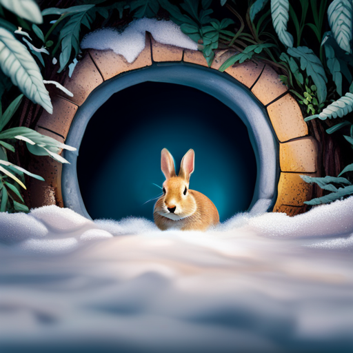 An image depicting a cozy underground burrow surrounded by a snowy landscape, adorned with leafy branches, showcasing the essential elements necessary for rabbit hibernation