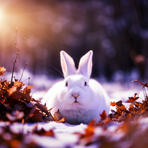 An image showcasing a cozy burrow tucked beneath a snowy landscape, with a plump rabbit curled up, surrounded by dried leaves, twigs, and fluffy fur, inviting readers to explore whether rabbits hibernate
