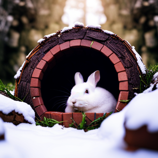 An image showing a cozy burrow nestled in a snowy forest, with a content rabbit curled up in a deep slumber, showcasing how rabbits hibernate during winter in their underground sanctuaries