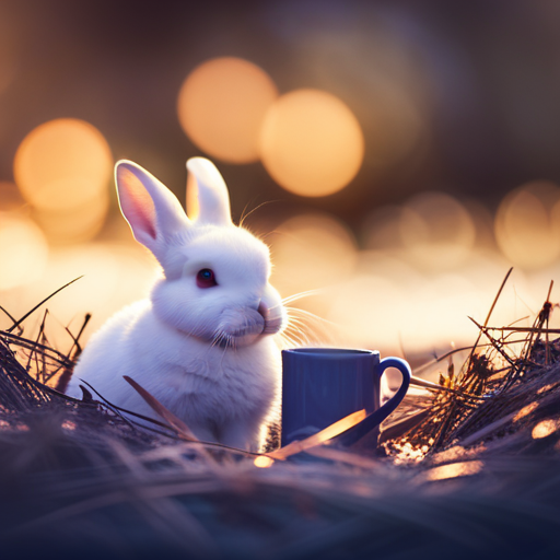 An image showcasing a cozy indoor rabbit habitat, with a fluffy bunny nestled in a soft, warm bed of hay