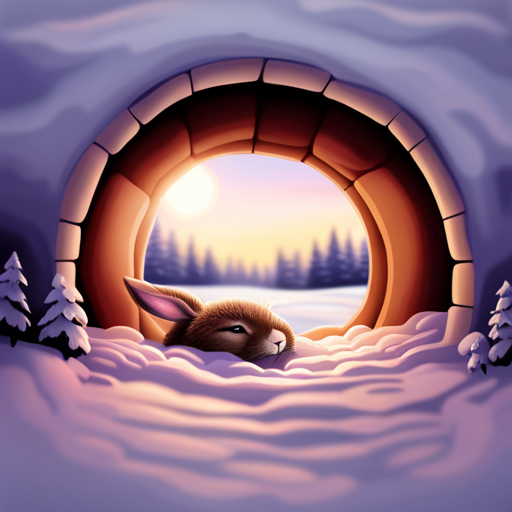 An image depicting a cozy burrow nestled amidst a snowy landscape, with a peacefully sleeping rabbit curled up inside, showcasing signs of hibernation such as slowed breathing, lowered body temperature, and closed eyes