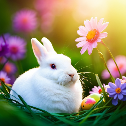 An image capturing a fluffy white rabbit sitting inside a colorful nest adorned with pastel-colored eggs, surrounded by vibrant spring flowers and delicate leaves, inviting curiosity about the possibility of rabbits laying eggs