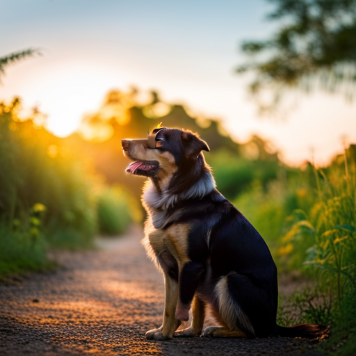 An image that depicts a serene setting with a trembling dog in the foreground, his ears flattened, tail tucked, and eyes darting anxiously, showcasing the underlying emotions of canine anxiety and stress